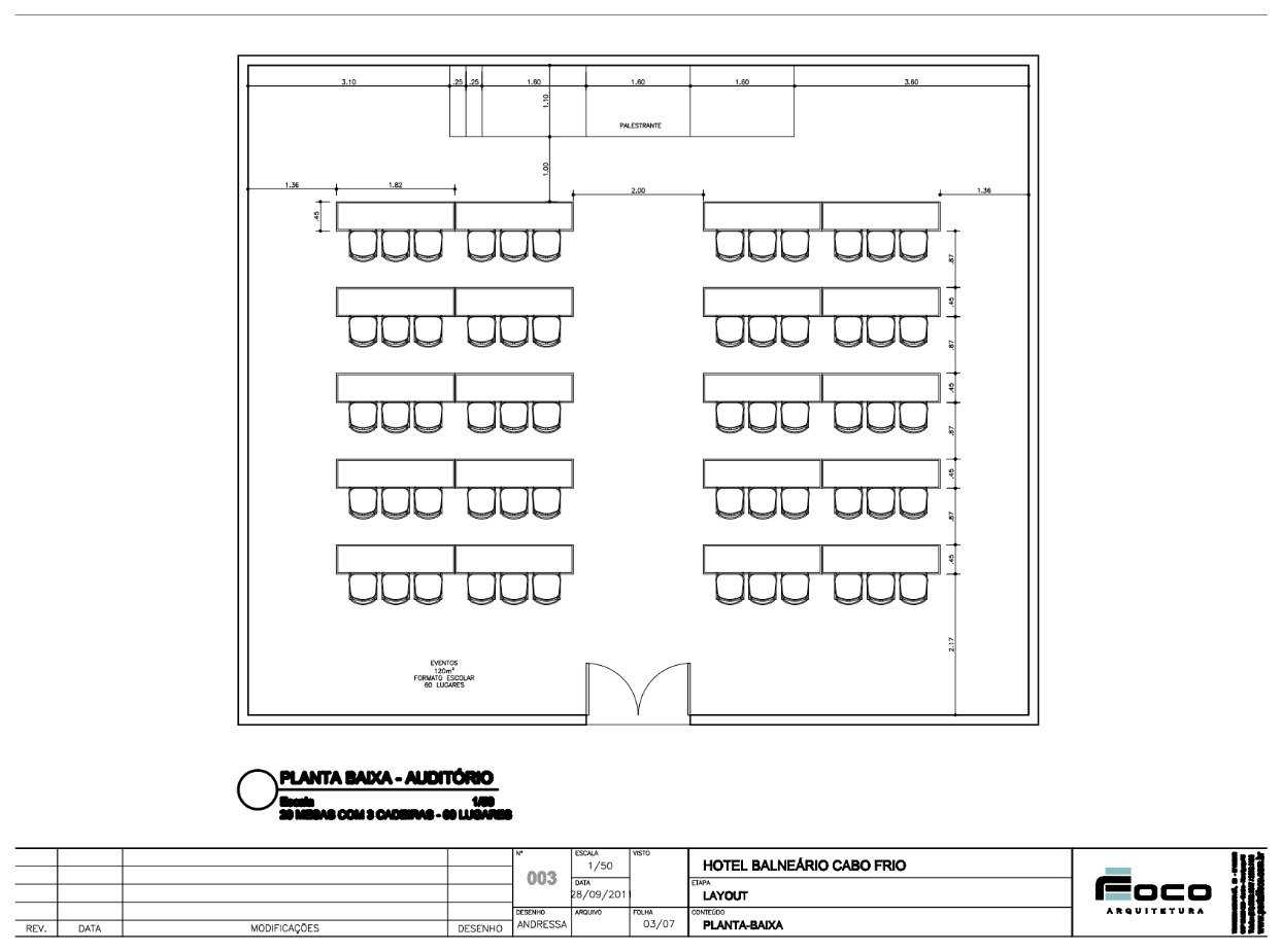 Planta baixa do salão montado no formato Escolar — 60 lugares