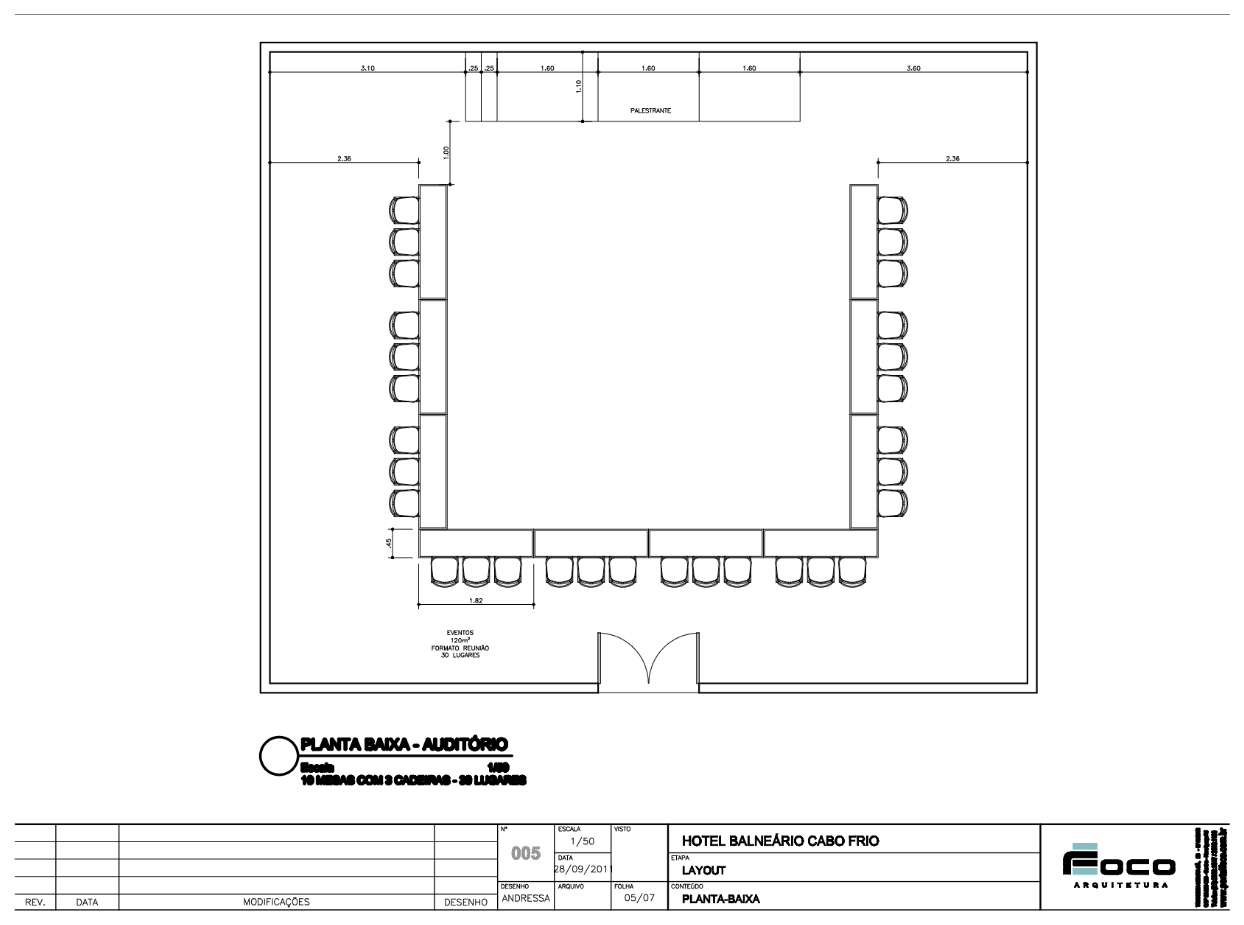 Planta baixa do salão montado no formato Formato U — 30 lugares